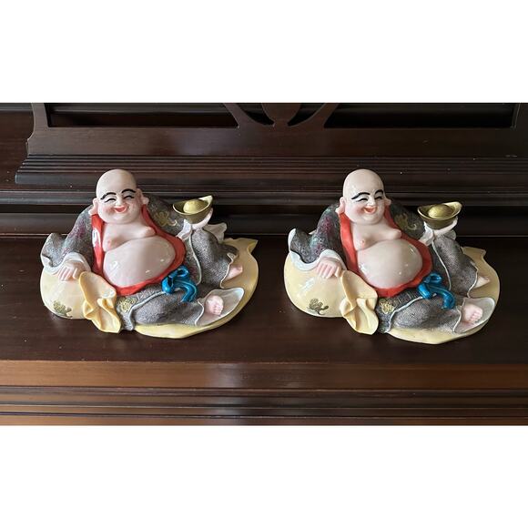 2 Laughing Buddha statues set of two resin hand painted pair decor figurines - Picture 1 of 16